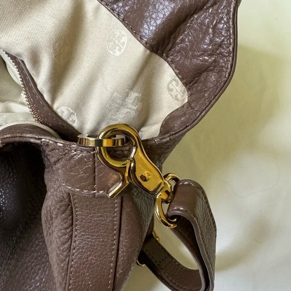 Tory Burch Brown Pebbled Leather Logo Tote Shoulder Bag